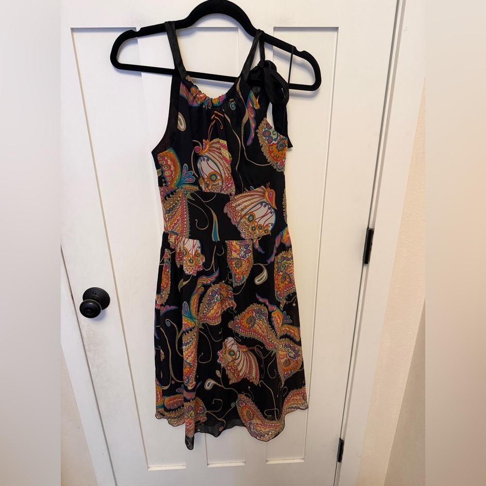 Trina Turk Halter Black Butterfly Print Silk Dress
Size 0